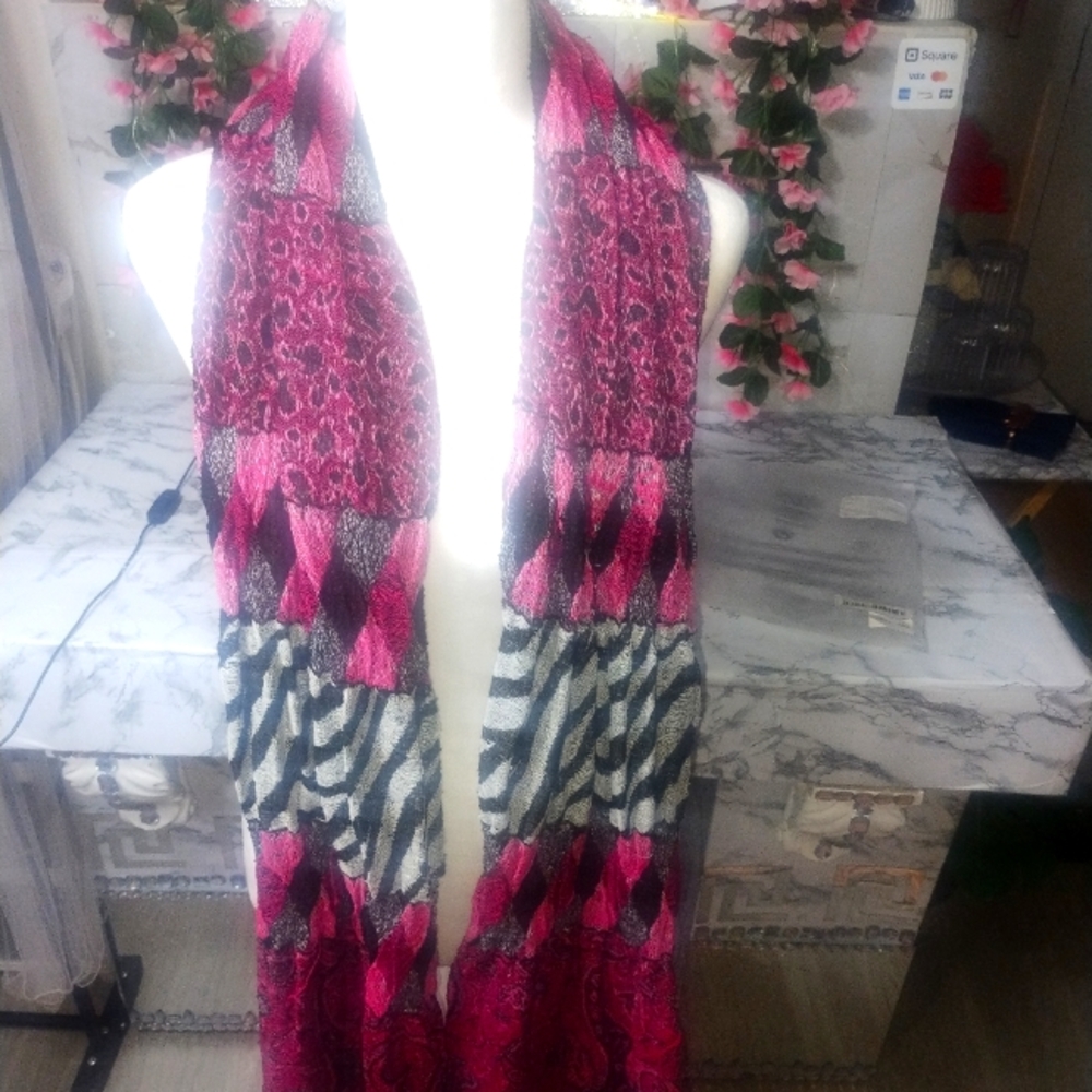 Pink and black scarf with tassel